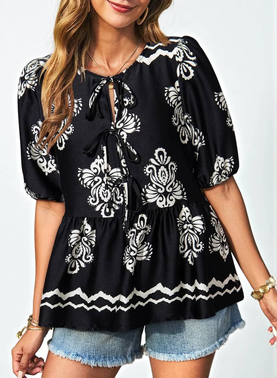 Dokotoo Summer Tops for Women Dressy Casual Business Crewneck Babydoll Peplum Puff Sleeve Shirts Tie Front Boho Blouses