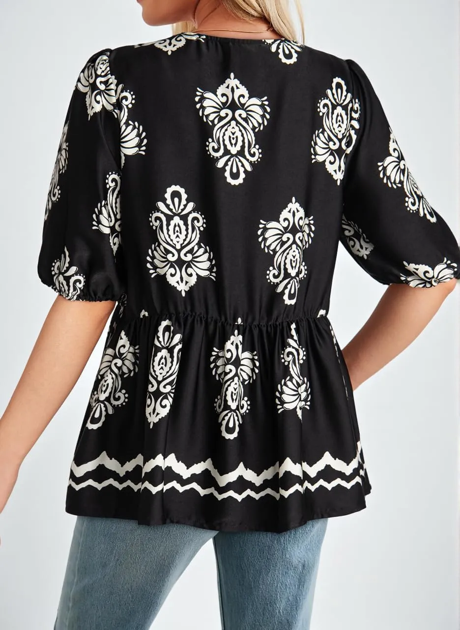 Dokotoo Summer Tops for Women Dressy Casual Business Crewneck Babydoll Peplum Puff Sleeve Shirts Tie Front Boho Blouses