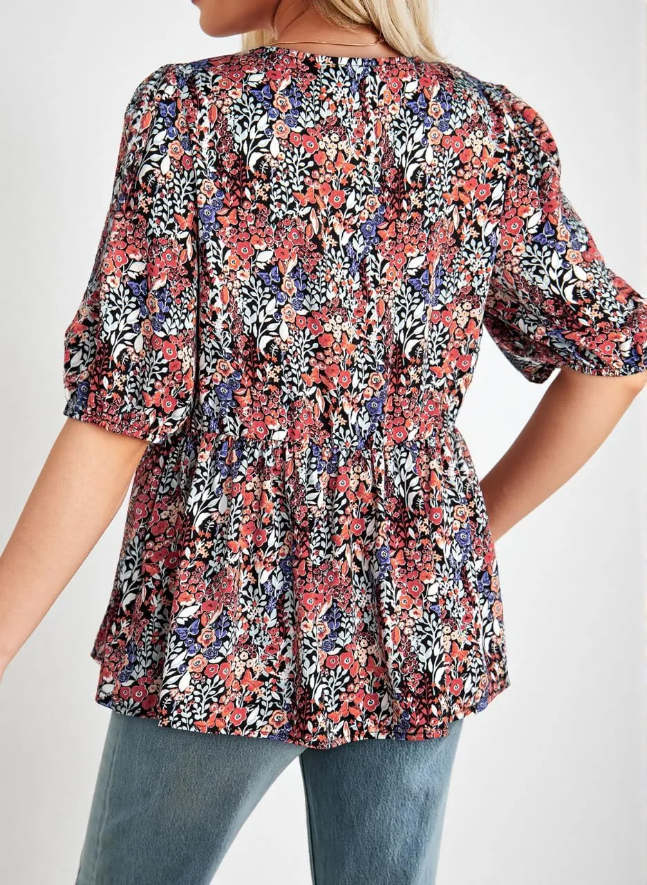 Dokotoo Summer Tops for Women Dressy Casual Business Crewneck Babydoll Peplum Puff Sleeve Shirts Tie Front Boho Blouses
