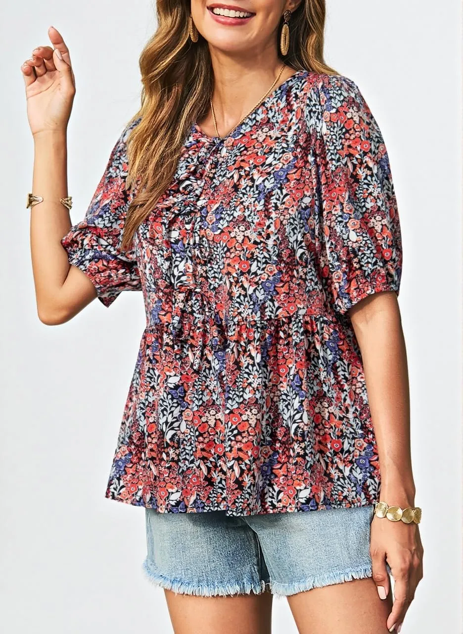 Dokotoo Summer Tops for Women Dressy Casual Business Crewneck Babydoll Peplum Puff Sleeve Shirts Tie Front Boho Blouses