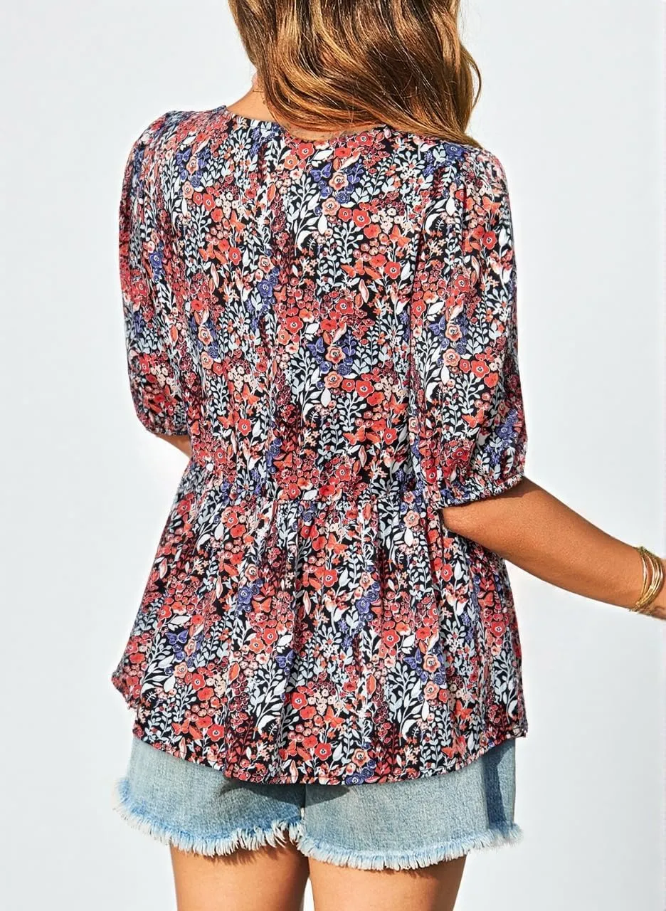 Dokotoo Summer Tops for Women Dressy Casual Business Crewneck Babydoll Peplum Puff Sleeve Shirts Tie Front Boho Blouses