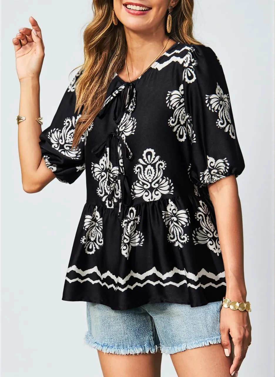 Dokotoo Summer Tops for Women Dressy Casual Business Crewneck Babydoll Peplum Puff Sleeve Shirts Tie Front Boho Blouses