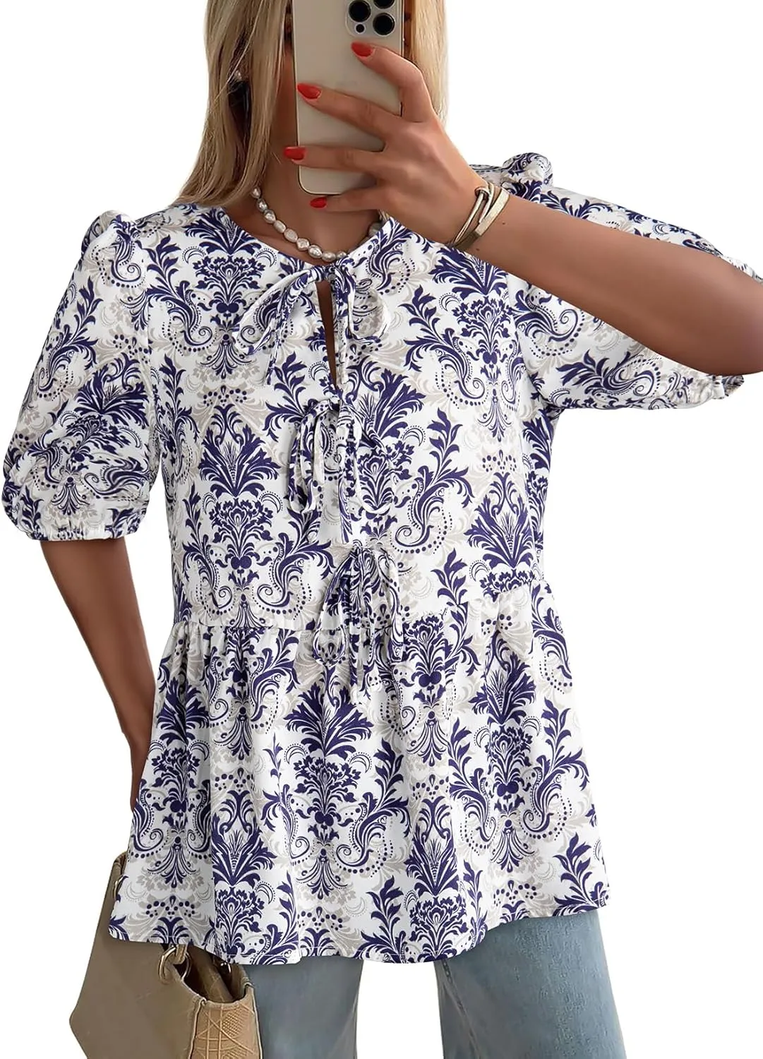 Dokotoo Womens Tops Casual Crewneck Babydoll Peplum Puff Sleeve Shirts Bow Tie Front Boho Summer Blouses