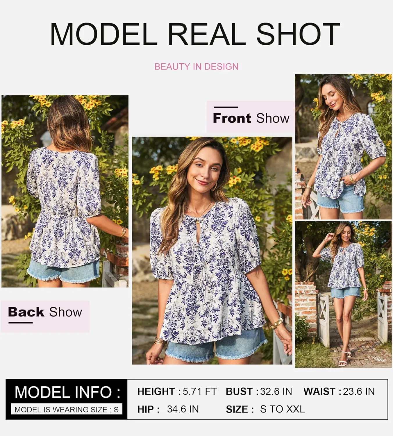 Dokotoo Womens Tops Casual Crewneck Babydoll Peplum Puff Sleeve Shirts Bow Tie Front Boho Summer Blouses