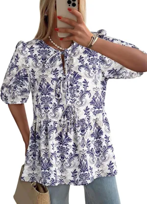 Dokotoo Womens Tops Casual Crewneck Babydoll Peplum Puff Sleeve Shirts Bow Tie Front Boho Summer Blouses