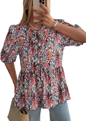 Dokotoo Womens Tops Casual Crewneck Babydoll Peplum Puff Sleeve Shirts Bow Tie Front Boho Summer Blouses