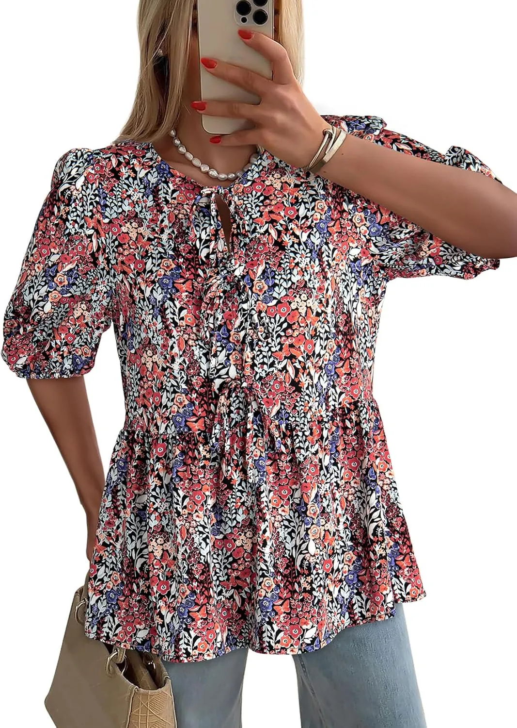 Dokotoo Womens Tops Casual Crewneck Babydoll Peplum Puff Sleeve Shirts Bow Tie Front Boho Summer Blouses