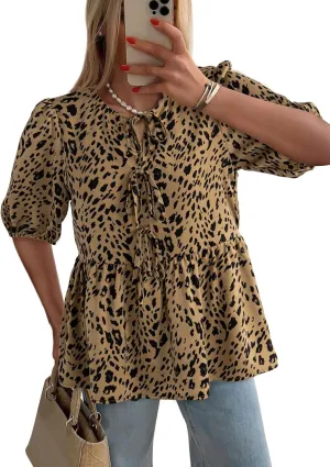 Dokotoo Womens Tops Casual Crewneck Babydoll Peplum Puff Sleeve Shirts Bow Tie Front Boho Summer Blouses