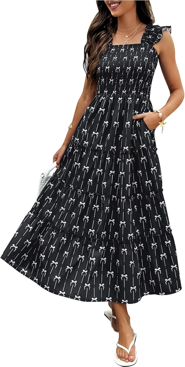 ECOWISH Women's 2025 Summer Maxi Dress Casual Sleeveless Square Neck Smocked Ruffle Bow Tiered Flowy A Line Beach Sundress