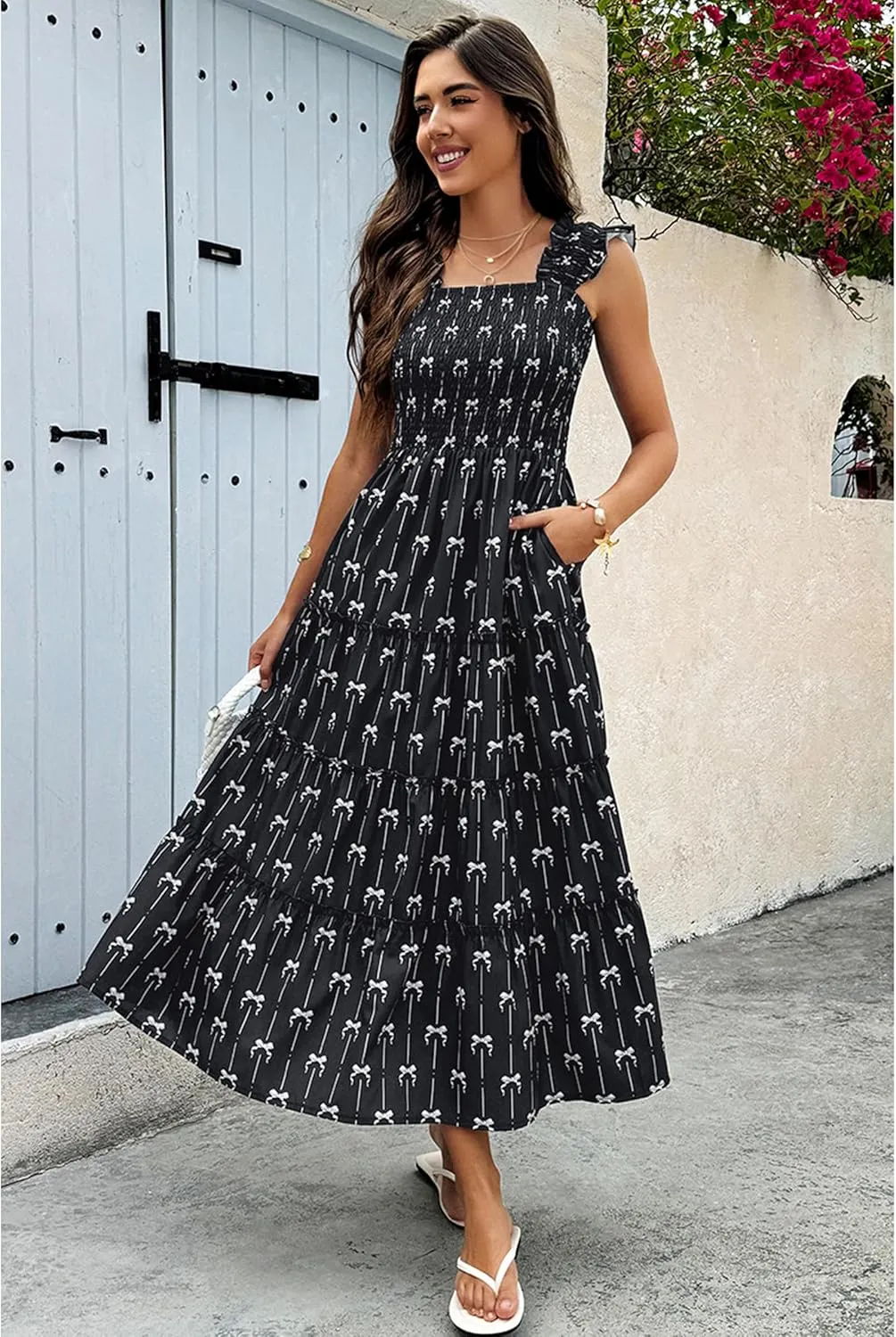 ECOWISH Women's 2025 Summer Maxi Dress Casual Sleeveless Square Neck Smocked Ruffle Bow Tiered Flowy A Line Beach Sundress