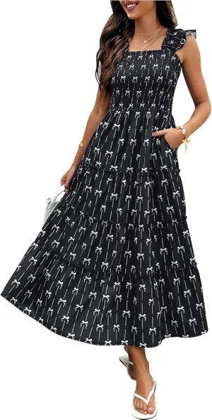 ECOWISH Women's 2025 Summer Maxi Dress Casual Sleeveless Square Neck Smocked Ruffle Bow Tiered Flowy A Line Beach Sundress