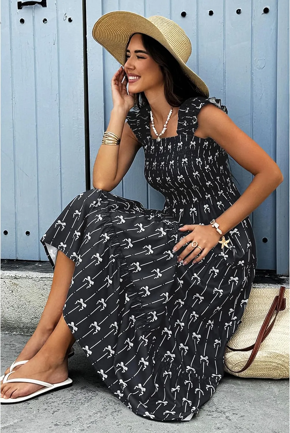ECOWISH Women's 2025 Summer Maxi Dress Casual Sleeveless Square Neck Smocked Ruffle Bow Tiered Flowy A Line Beach Sundress