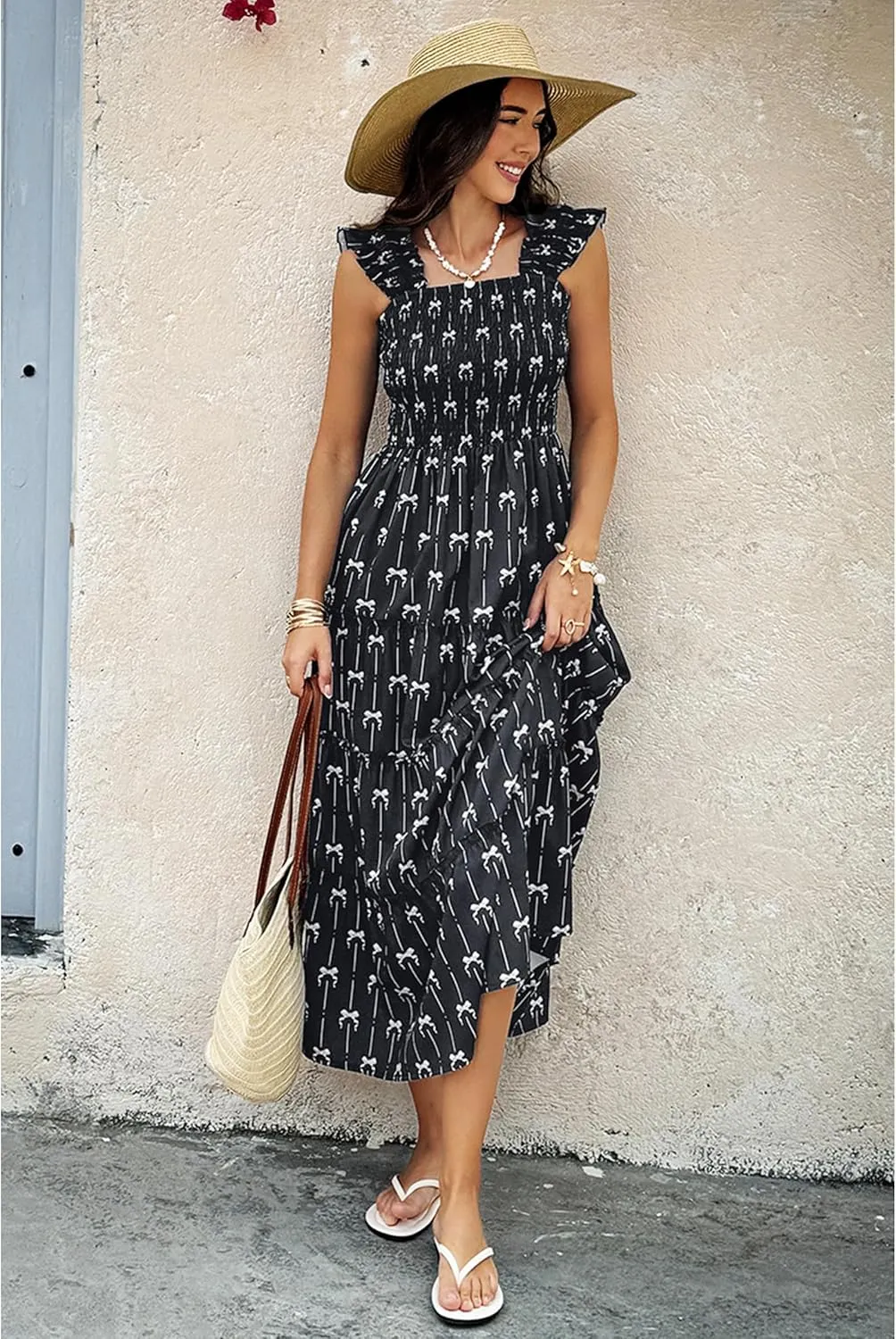 ECOWISH Women's 2025 Summer Maxi Dress Casual Sleeveless Square Neck Smocked Ruffle Bow Tiered Flowy A Line Beach Sundress