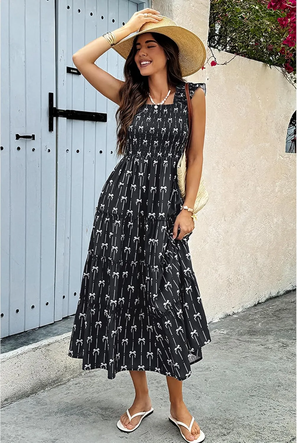 ECOWISH Women's 2025 Summer Maxi Dress Casual Sleeveless Square Neck Smocked Ruffle Bow Tiered Flowy A Line Beach Sundress