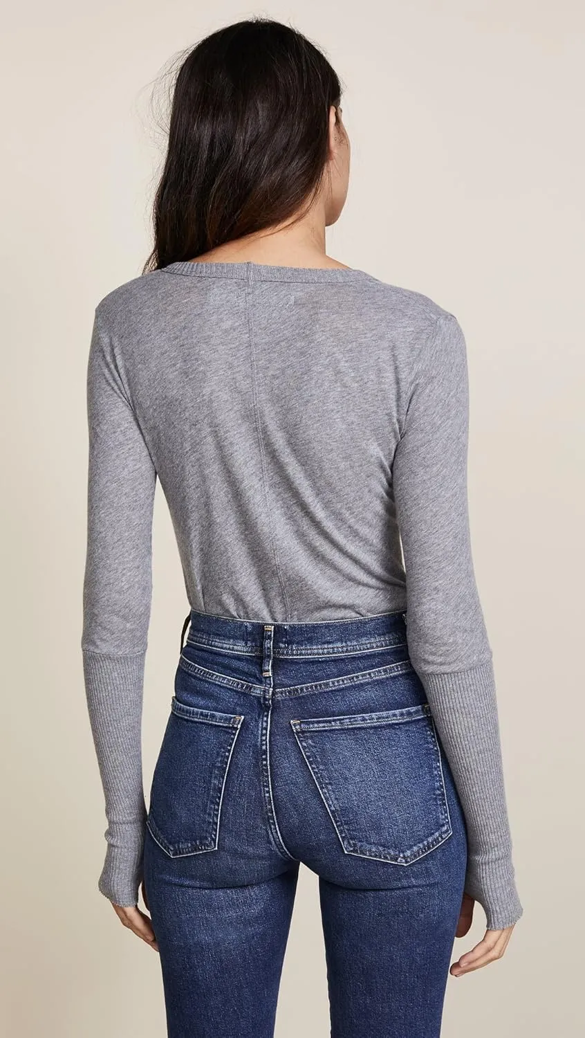 Enza Costa Womens Cashmere Blend Cuffed V-Neck Top with Thumbholes