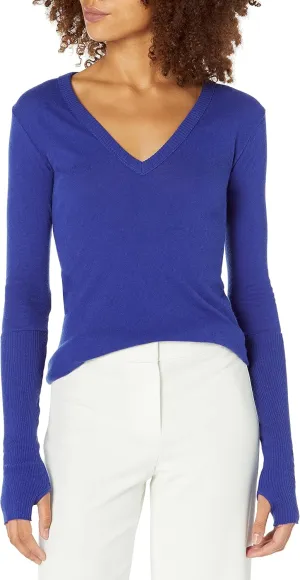 Enza Costa Womens Cashmere Blend Cuffed V-Neck Top with Thumbholes