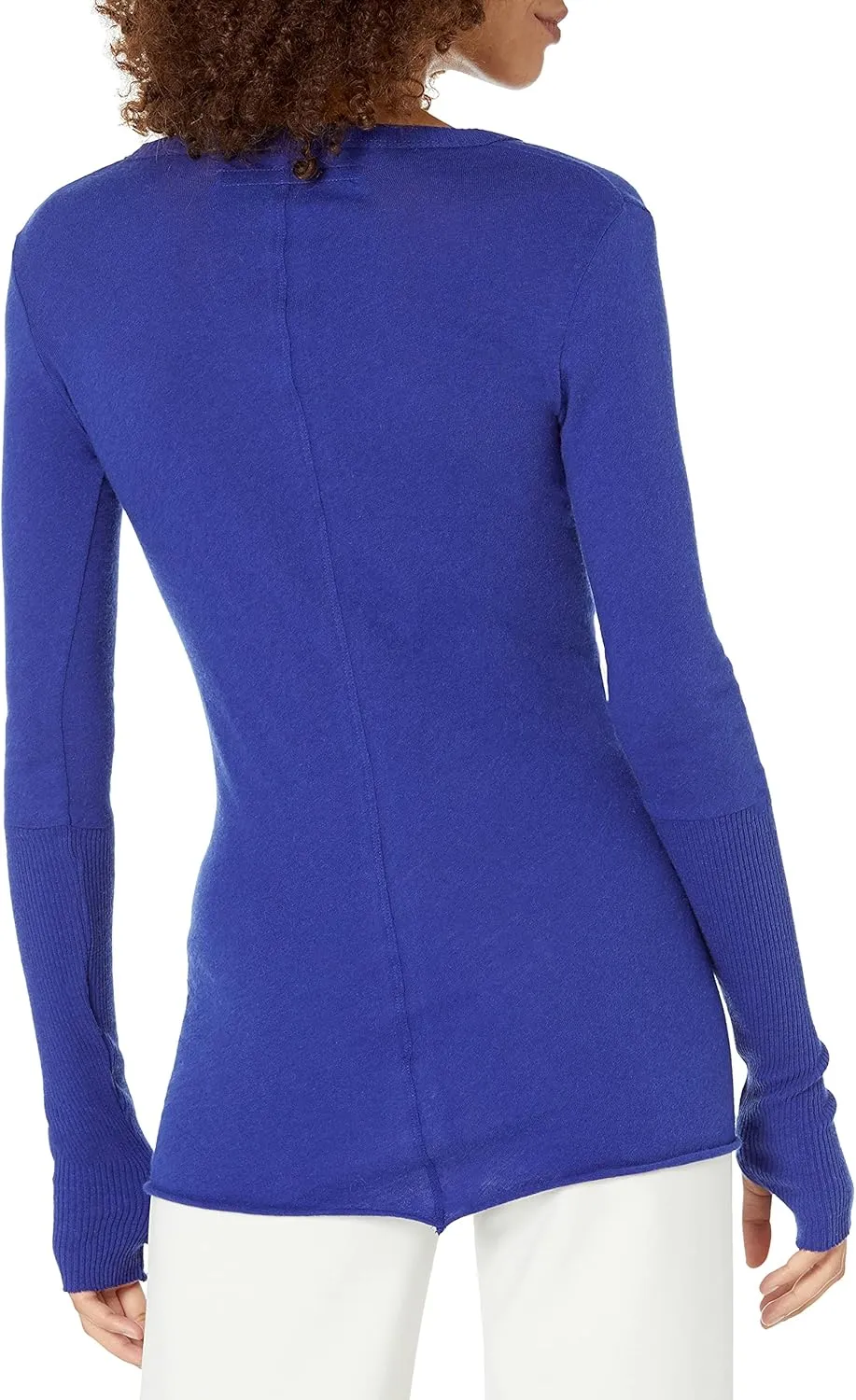 Enza Costa Womens Cashmere Blend Cuffed V-Neck Top with Thumbholes