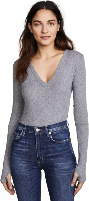 Enza Costa Womens Cashmere Blend Cuffed V-Neck Top with Thumbholes