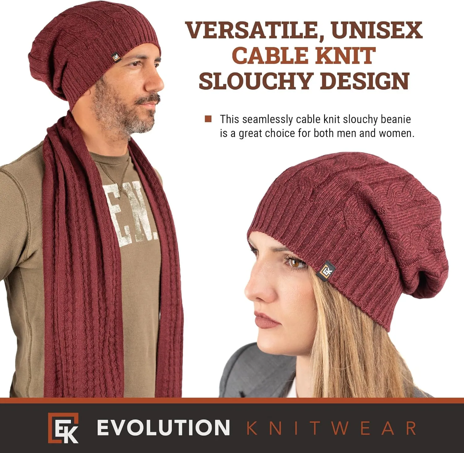 Evolution Knitwear Wool Cable Knit Beanie Hat for Men or Women - Super Soft Merino Wool - Made in The USA