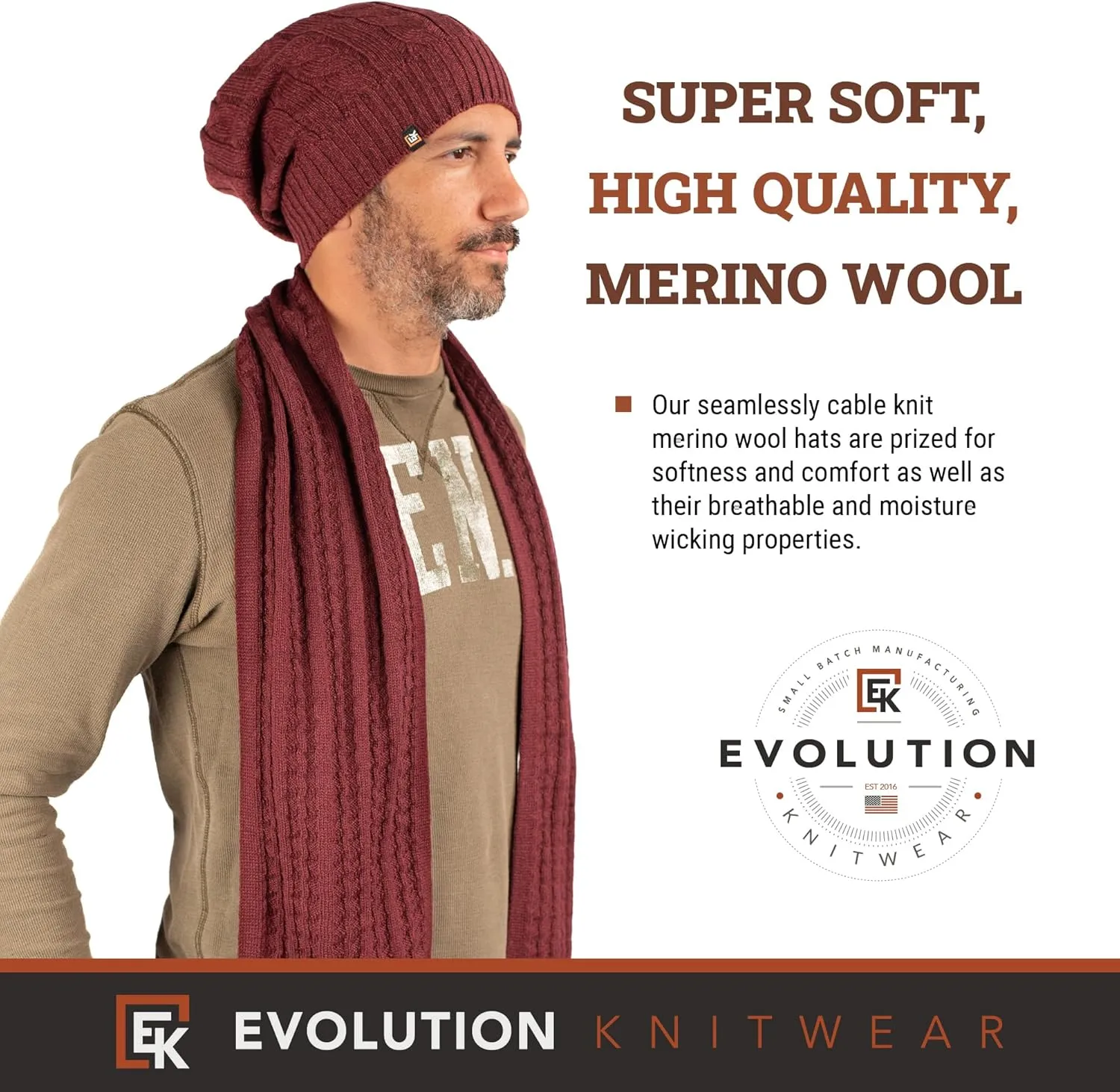 Evolution Knitwear Wool Cable Knit Beanie Hat for Men or Women - Super Soft Merino Wool - Made in The USA