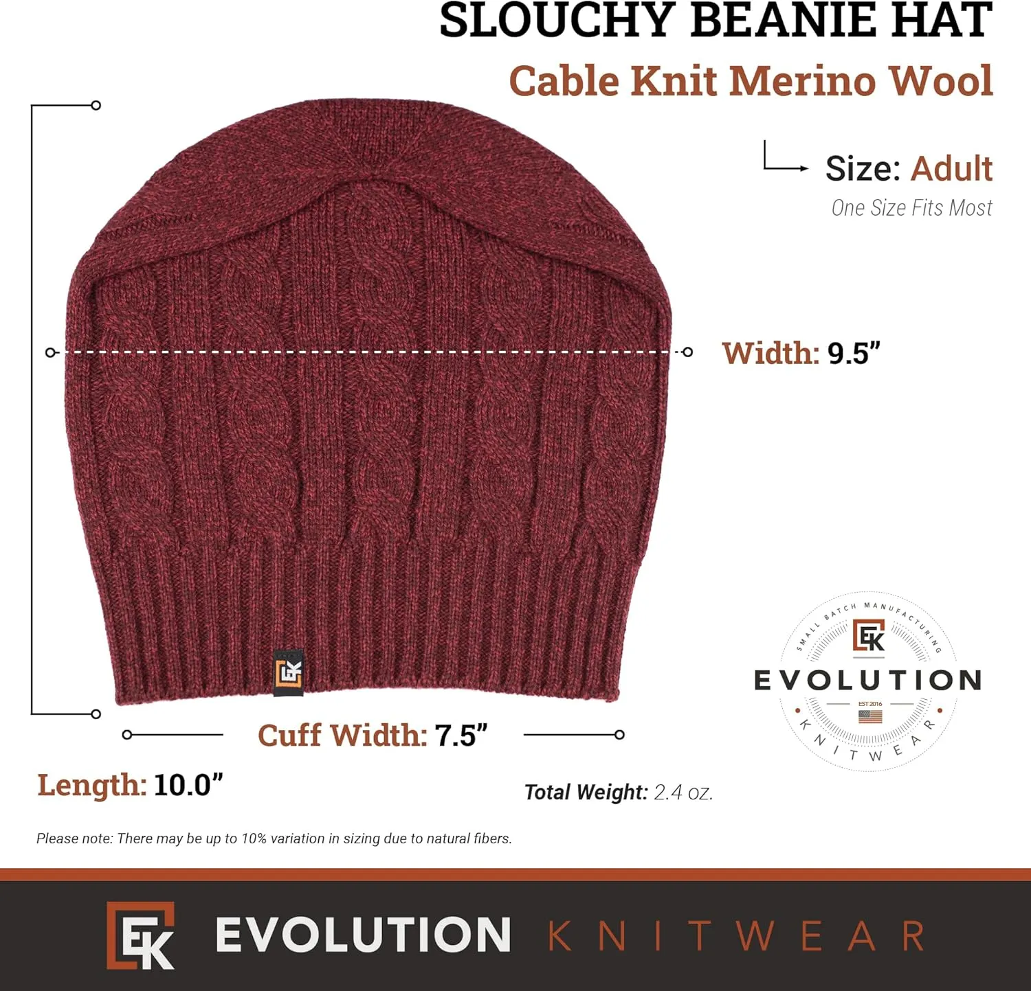 Evolution Knitwear Wool Cable Knit Beanie Hat for Men or Women - Super Soft Merino Wool - Made in The USA