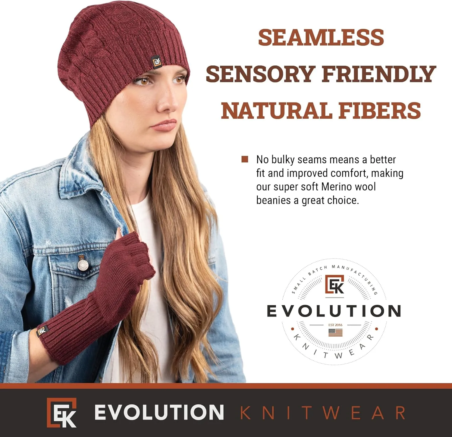 Evolution Knitwear Wool Cable Knit Beanie Hat for Men or Women - Super Soft Merino Wool - Made in The USA