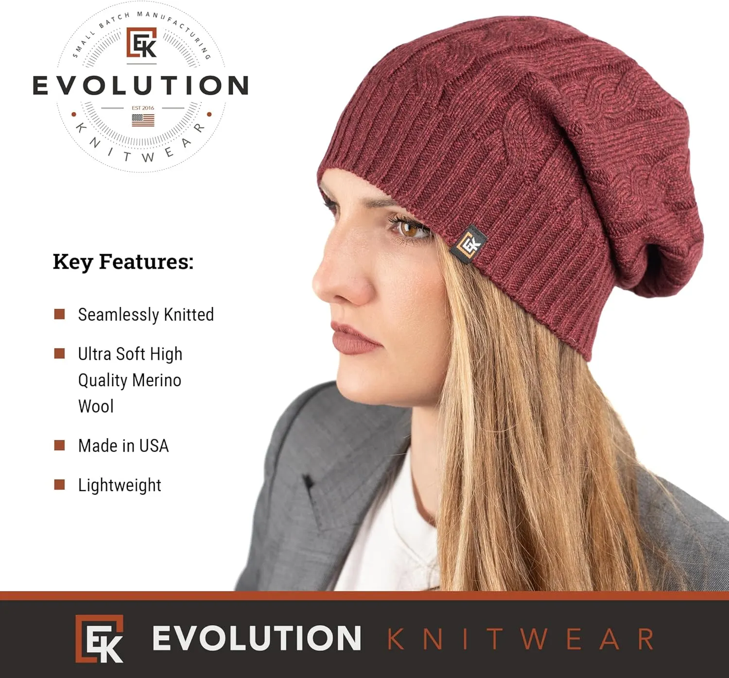 Evolution Knitwear Wool Cable Knit Beanie Hat for Men or Women - Super Soft Merino Wool - Made in The USA