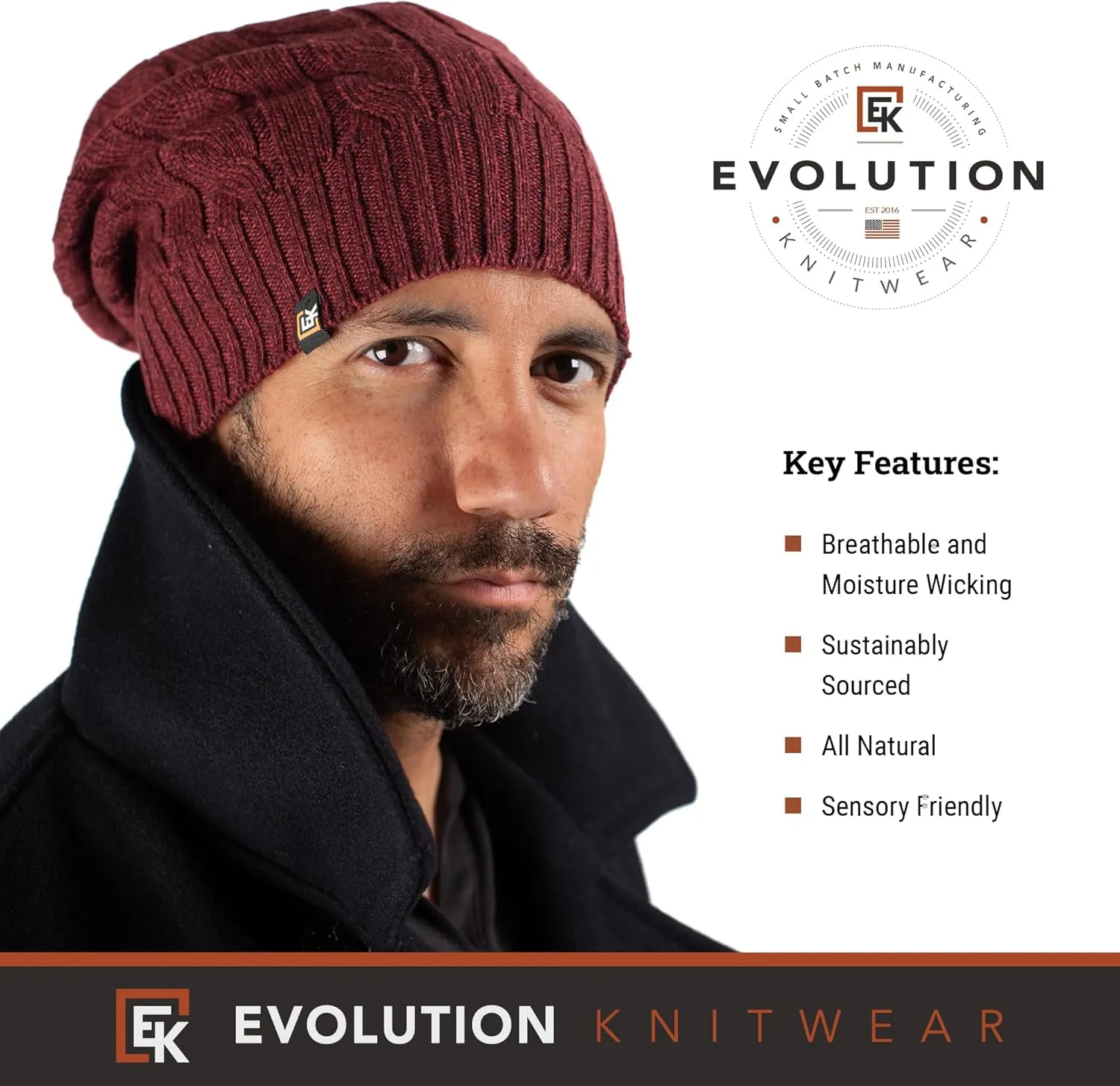 Evolution Knitwear Wool Cable Knit Beanie Hat for Men or Women - Super Soft Merino Wool - Made in The USA