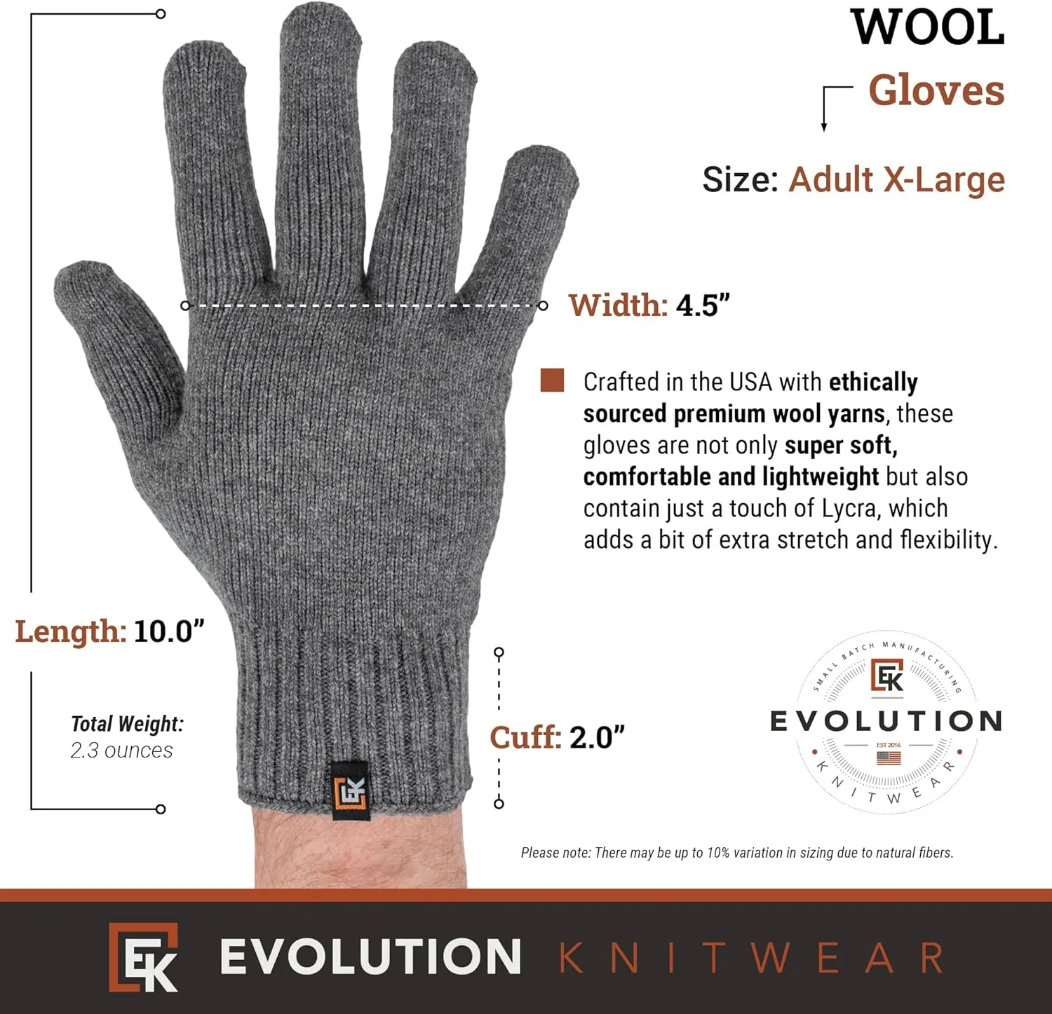 Evolution Knitwear Wool Knit Gloves - Made in the USA - Super Soft Merino Wool - Men's - XL