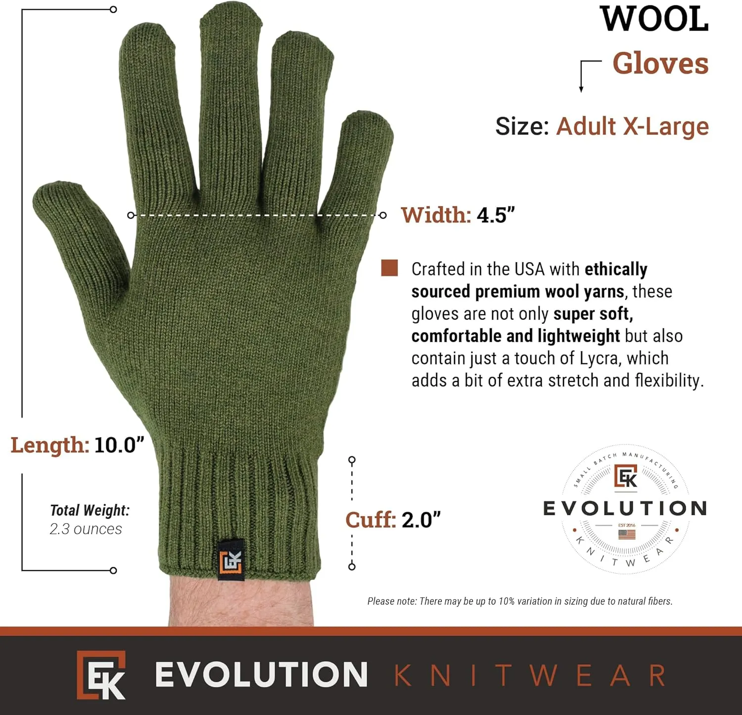 Evolution Knitwear Wool Knit Gloves - Made in the USA - Super Soft Merino Wool - Men's - XL