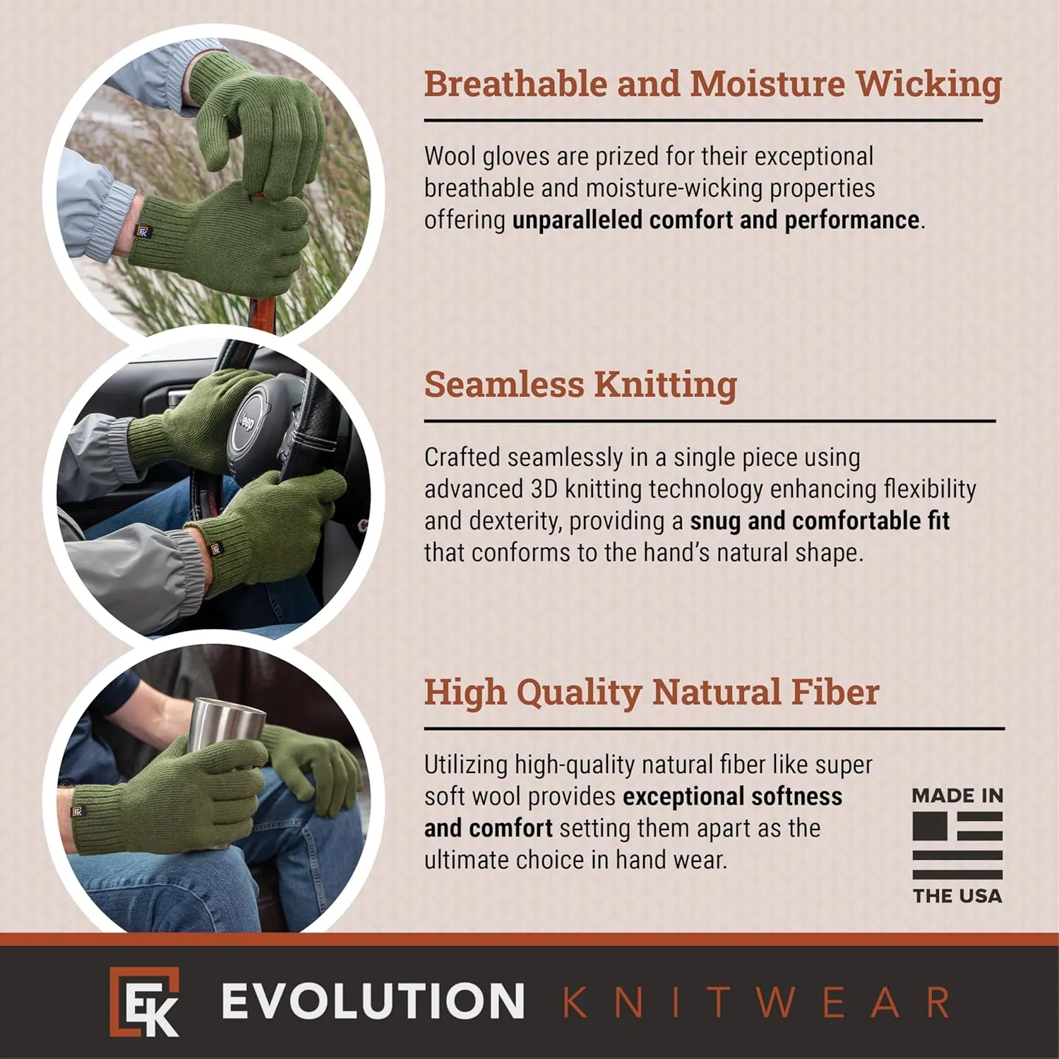 Evolution Knitwear Wool Knit Gloves - Made in the USA - Super Soft Merino Wool - Men's - XL