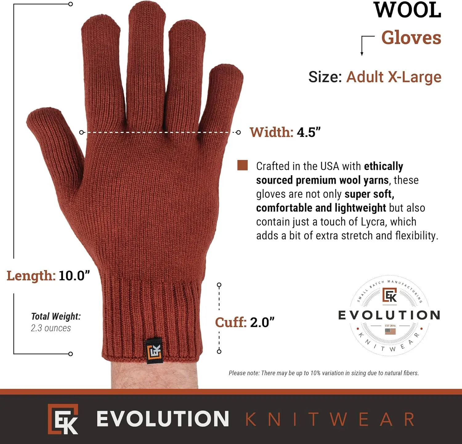 Evolution Knitwear Wool Knit Gloves - Made in the USA - Super Soft Merino Wool - Men's - XL