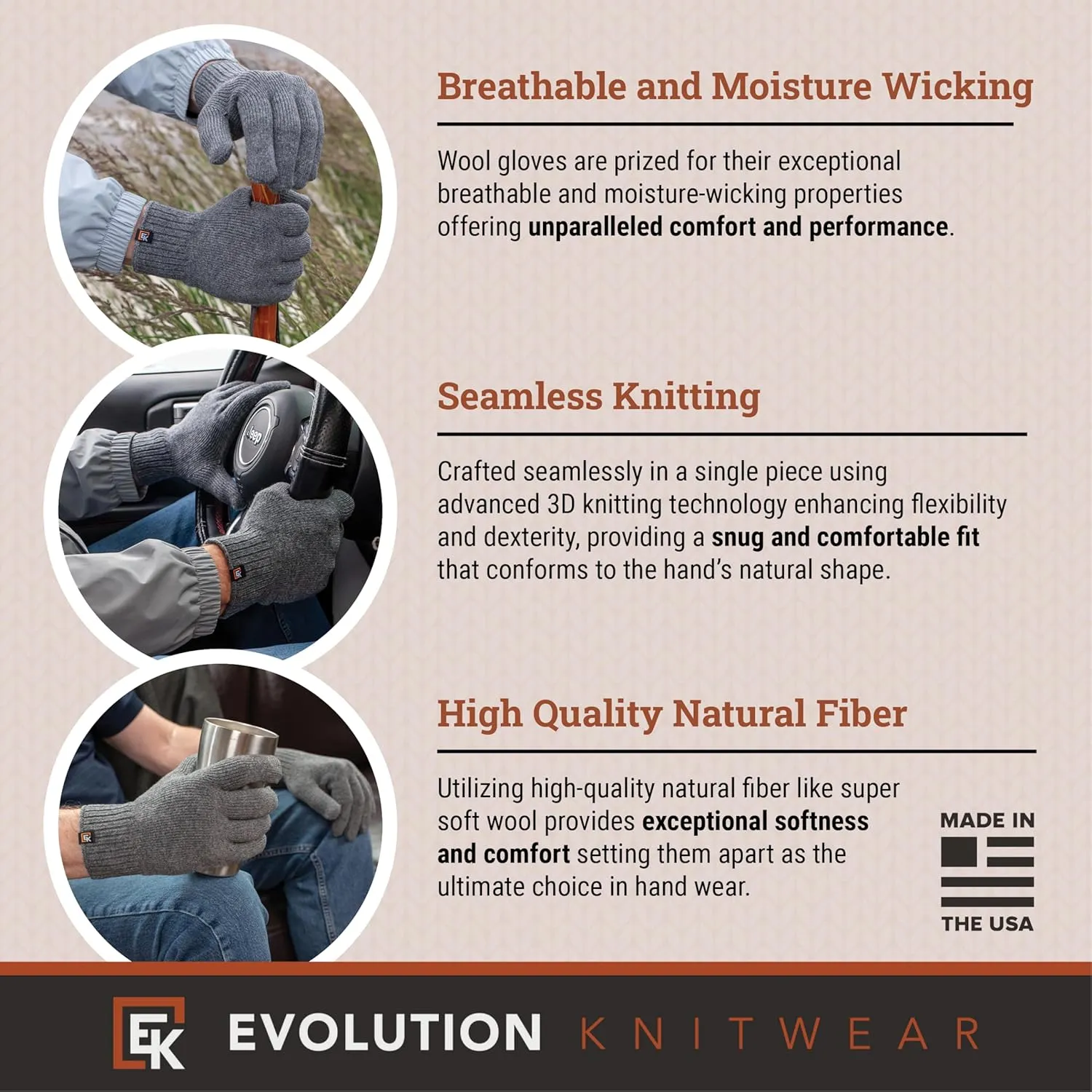 Evolution Knitwear Wool Knit Gloves - Made in the USA - Super Soft Merino Wool - Men's - XL