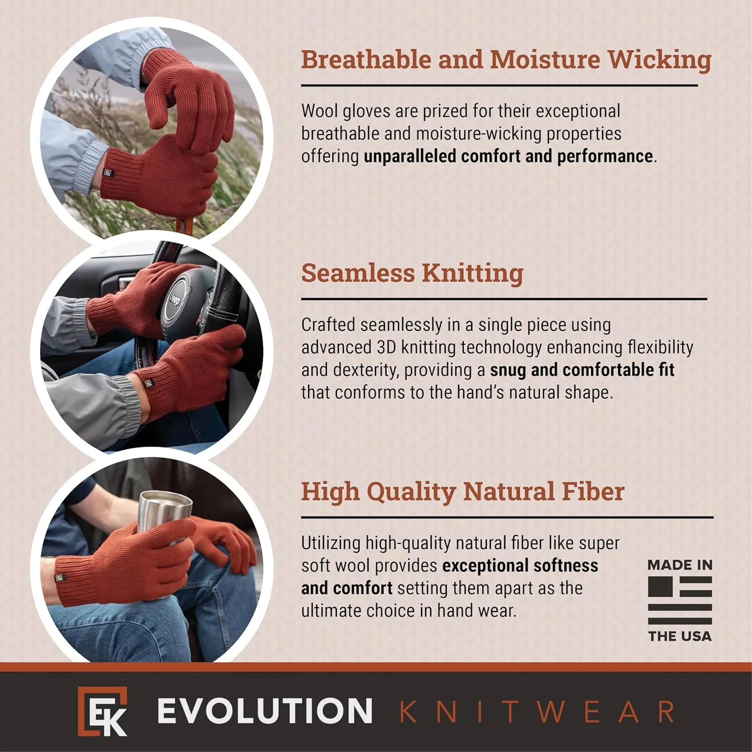 Evolution Knitwear Wool Knit Gloves - Made in the USA - Super Soft Merino Wool - Men's - XL