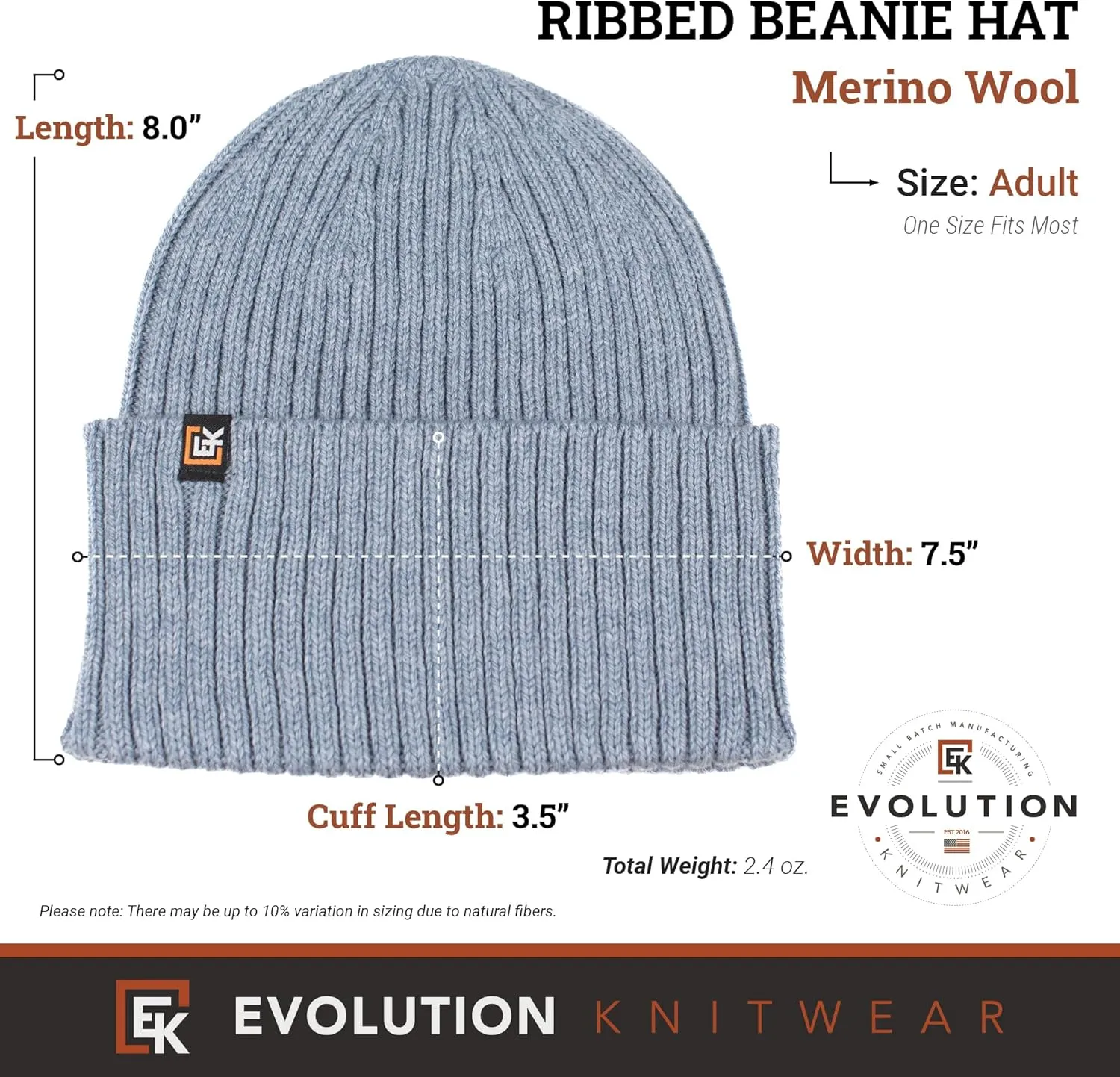 Evolution Knitwear Wool Rib Knit Beanie Hat for Men or Women - Super Soft Merino Wool - Made in The USA