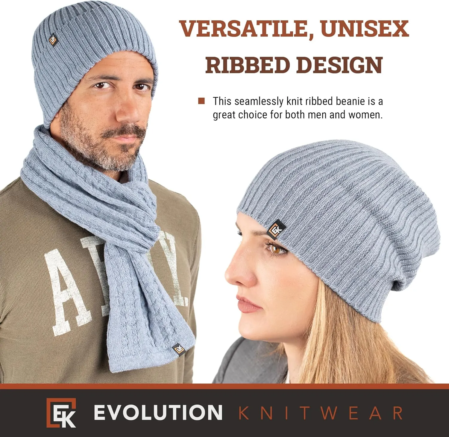 Evolution Knitwear Wool Rib Knit Beanie Hat for Men or Women - Super Soft Merino Wool - Made in The USA