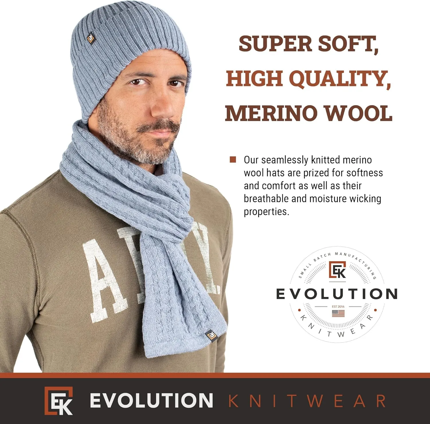 Evolution Knitwear Wool Rib Knit Beanie Hat for Men or Women - Super Soft Merino Wool - Made in The USA