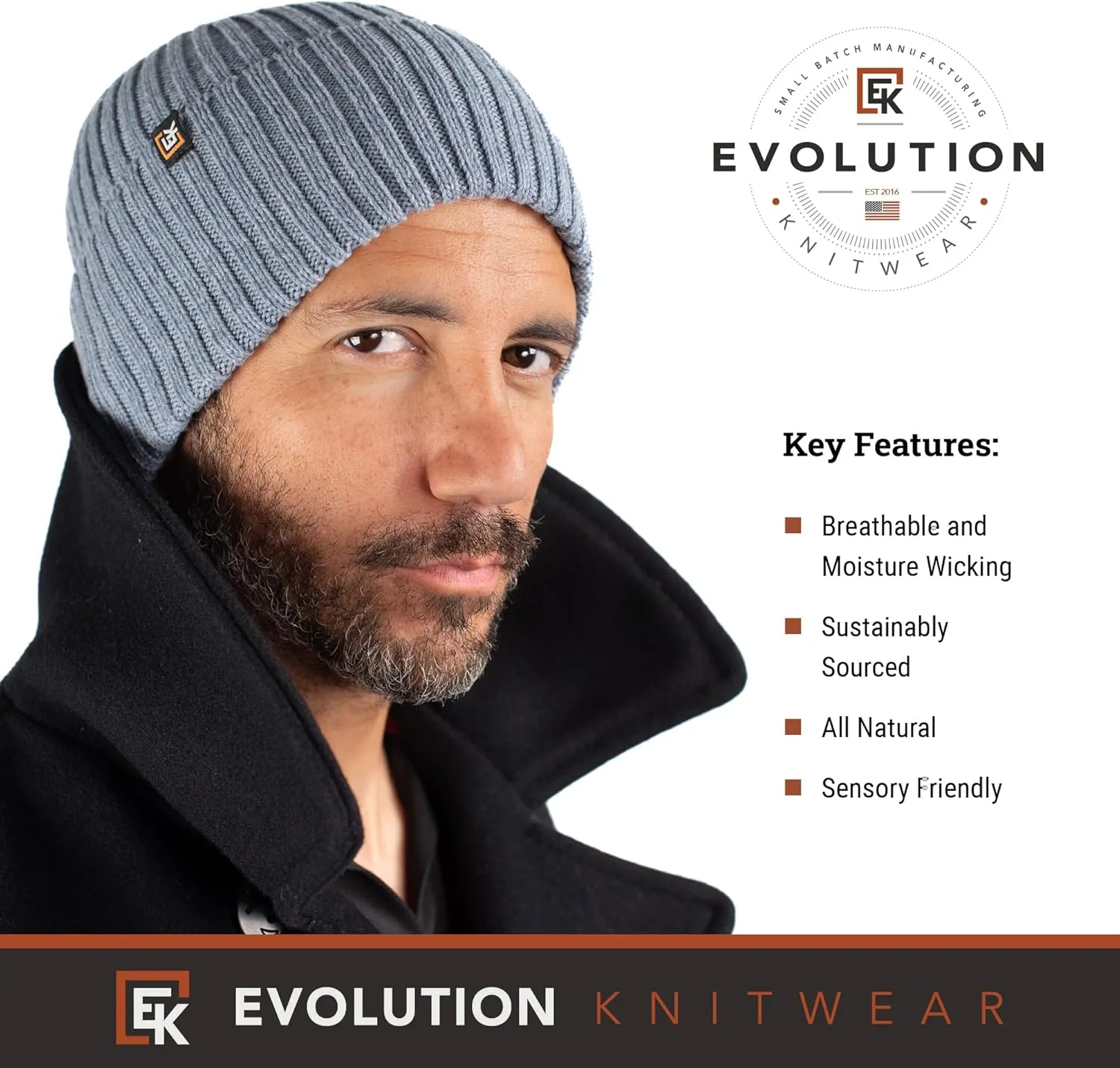 Evolution Knitwear Wool Rib Knit Beanie Hat for Men or Women - Super Soft Merino Wool - Made in The USA