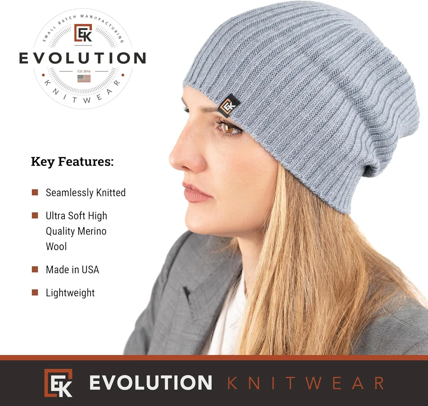 Evolution Knitwear Wool Rib Knit Beanie Hat for Men or Women - Super Soft Merino Wool - Made in The USA