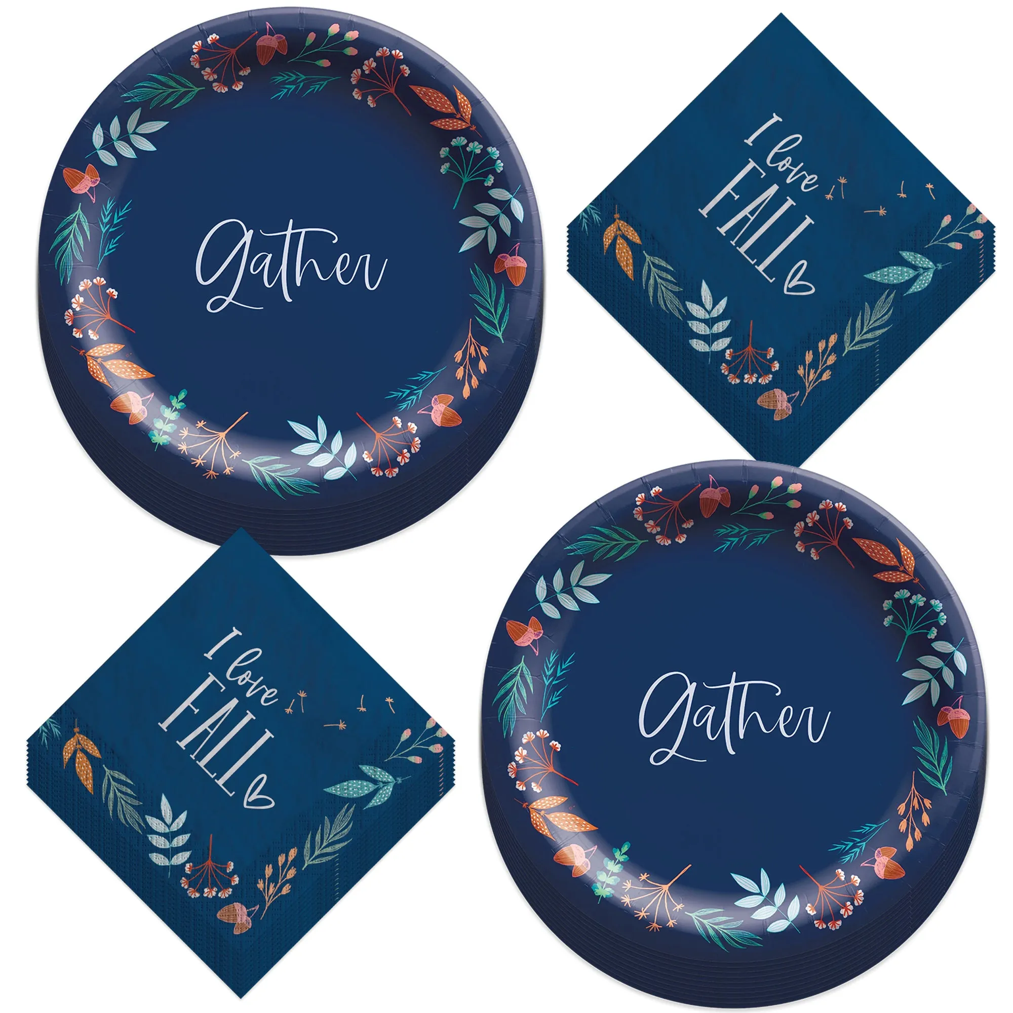 Fall Party Supplies Navy Blue & Autumn Leaves Gather Paper Dinner Plates and Luncheon Napkins (Serves 20)