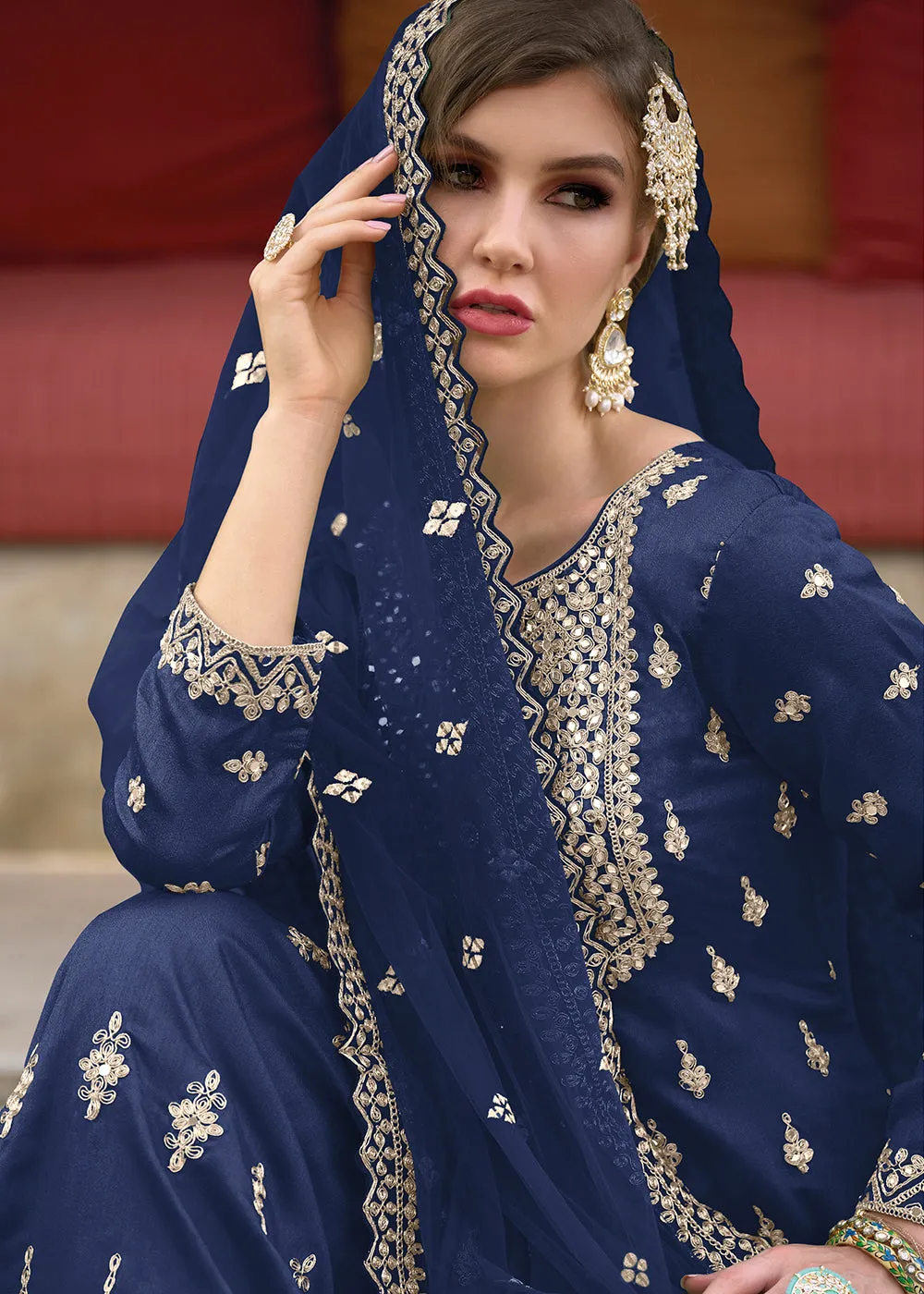 Festive Amazing Navy Blue Heavy Silk Sharara Suit