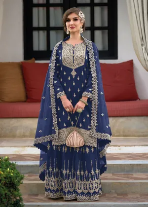 Festive Amazing Navy Blue Heavy Silk Sharara Suit