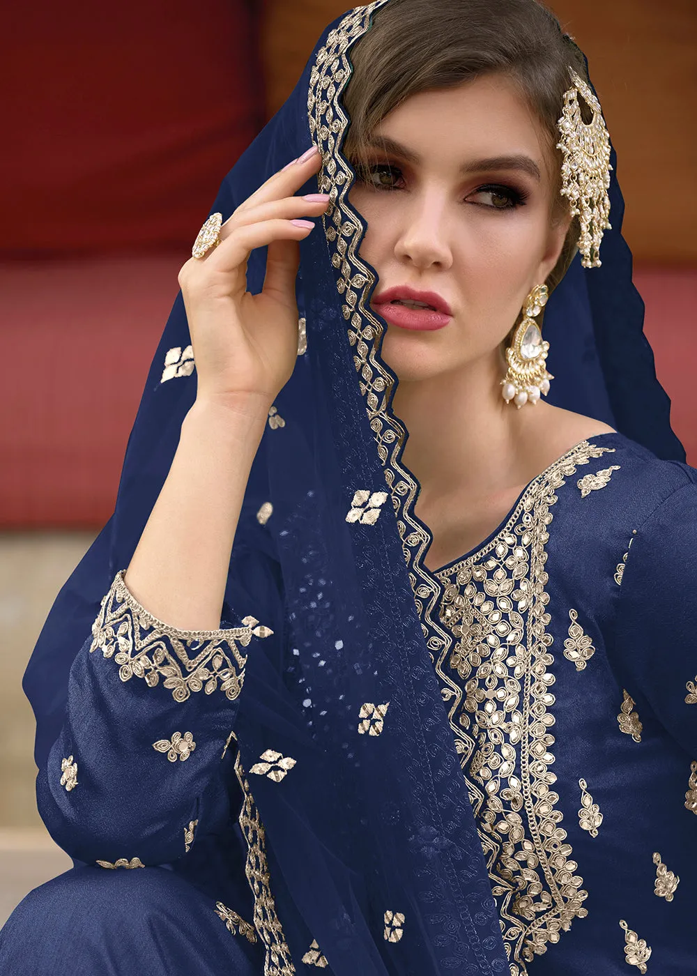 Festive Amazing Navy Blue Heavy Silk Sharara Suit