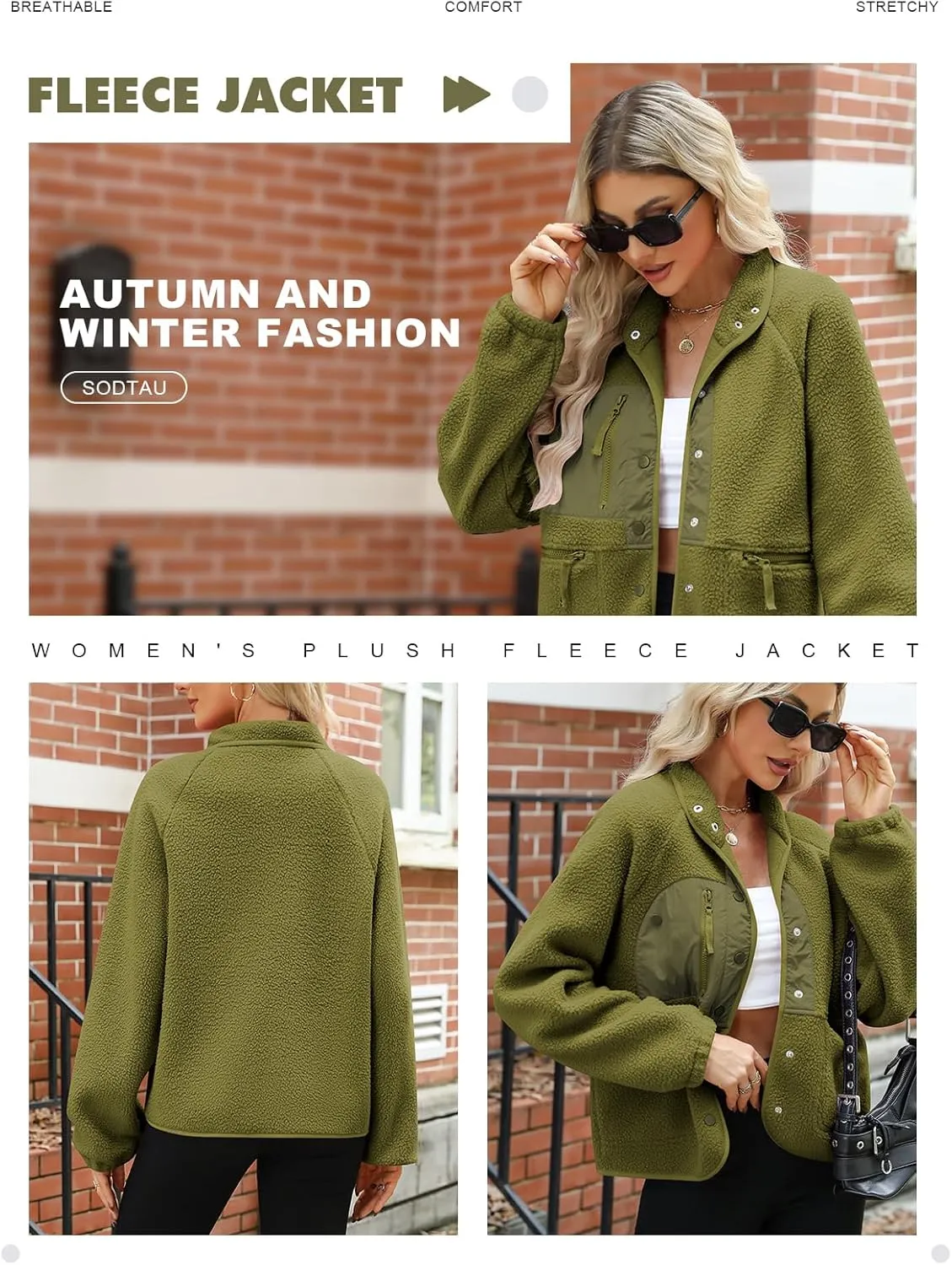 Fleece Jacket WomenSherpa Fleece Sweatshirt Long Sleeve Jackets CoatsLightweight Casual Fashion Button Zipper