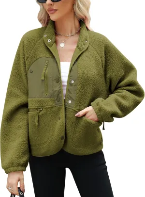 Fleece Jacket WomenSherpa Fleece Sweatshirt Long Sleeve Jackets CoatsLightweight Casual Fashion Button Zipper