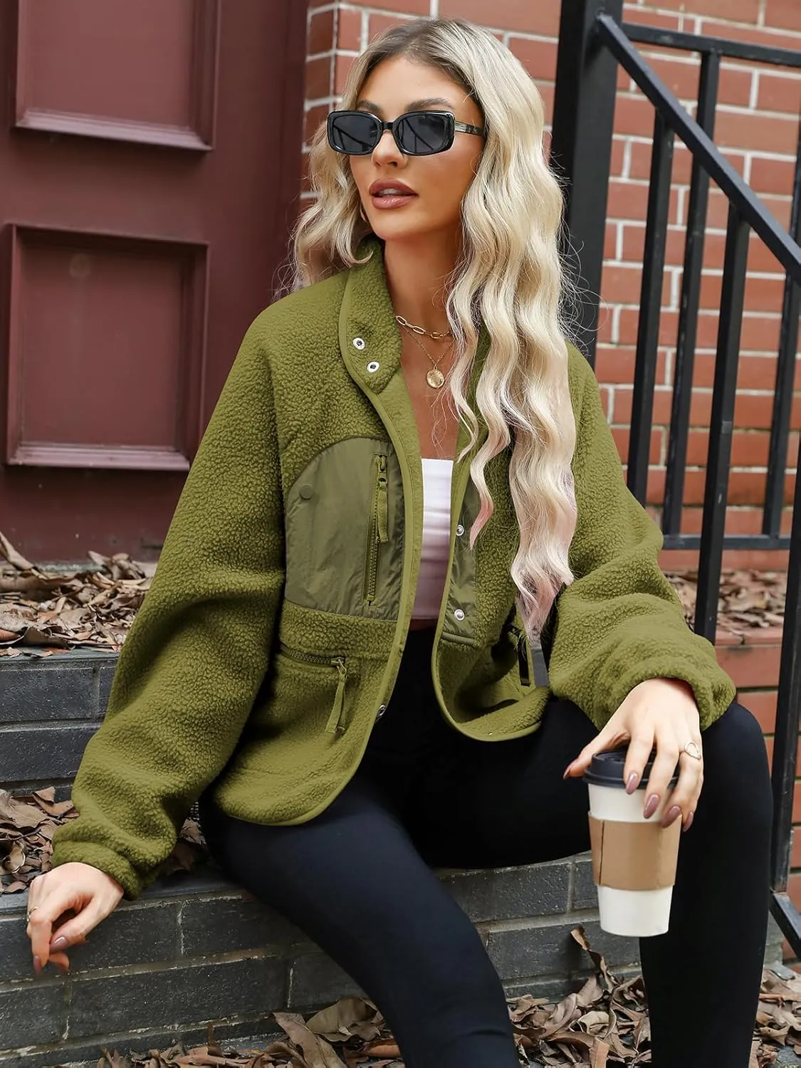 Fleece Jacket WomenSherpa Fleece Sweatshirt Long Sleeve Jackets CoatsLightweight Casual Fashion Button Zipper