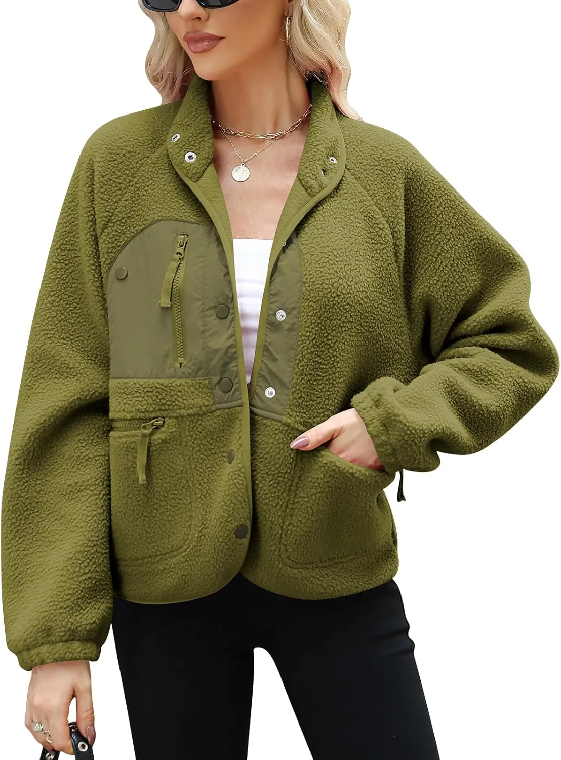 Fleece Jacket WomenSherpa Fleece Sweatshirt Long Sleeve Jackets CoatsLightweight Casual Fashion Button Zipper