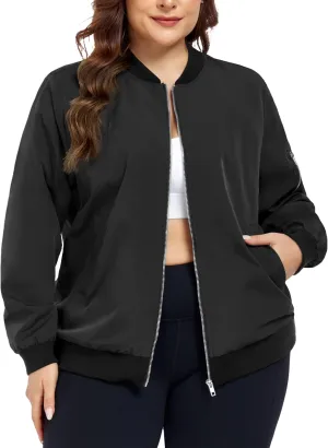 FOREYOND Plus Size Casual Jackets for Women Lightweight Black Bomber Jackets Windbreaker Zip Up Casual Moto Outwear, Black, 4XL