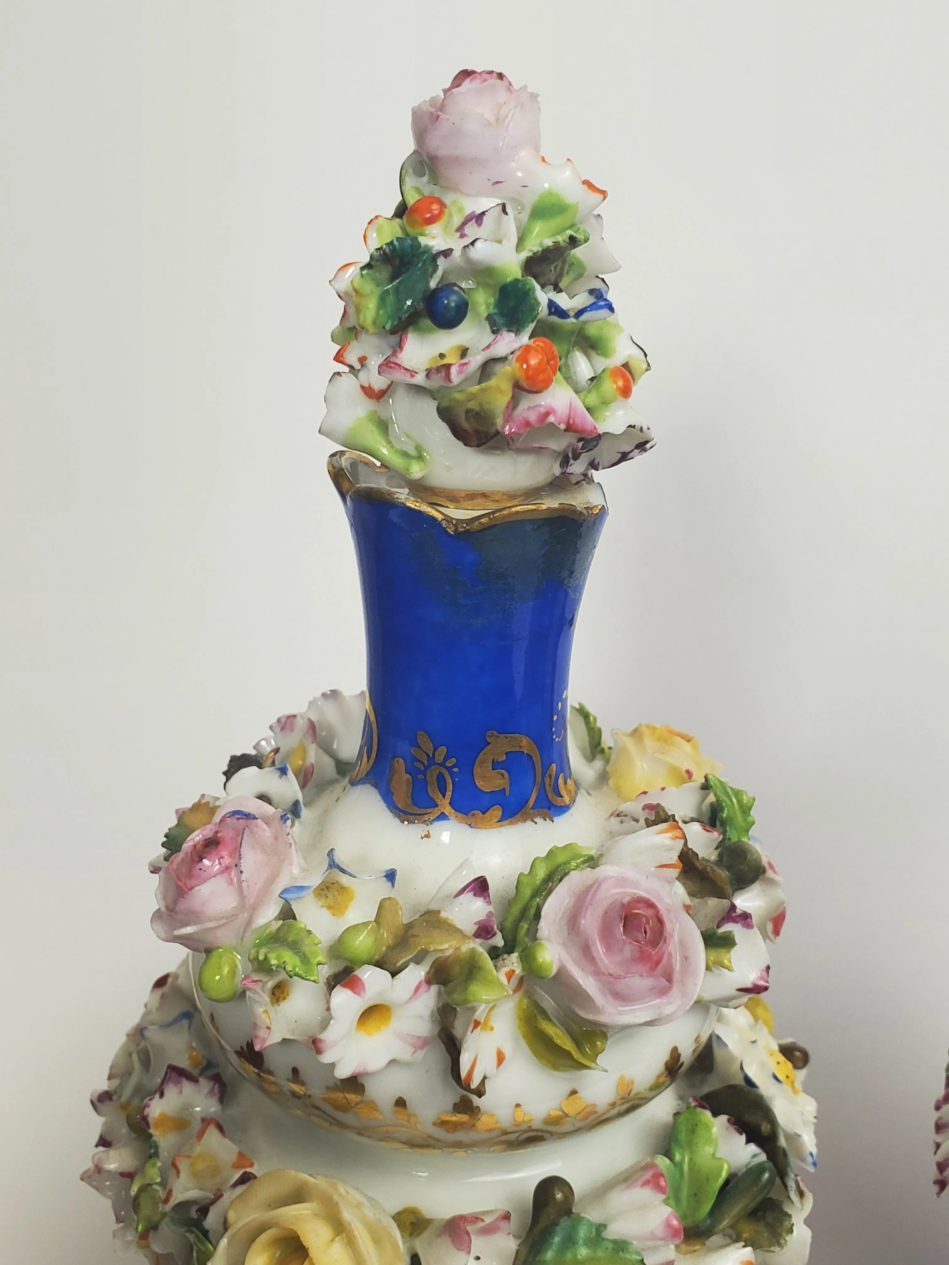 Jacob Petit - Antique Pair of Porcelain Flower Encrusted Scent Bottles With Stoppers