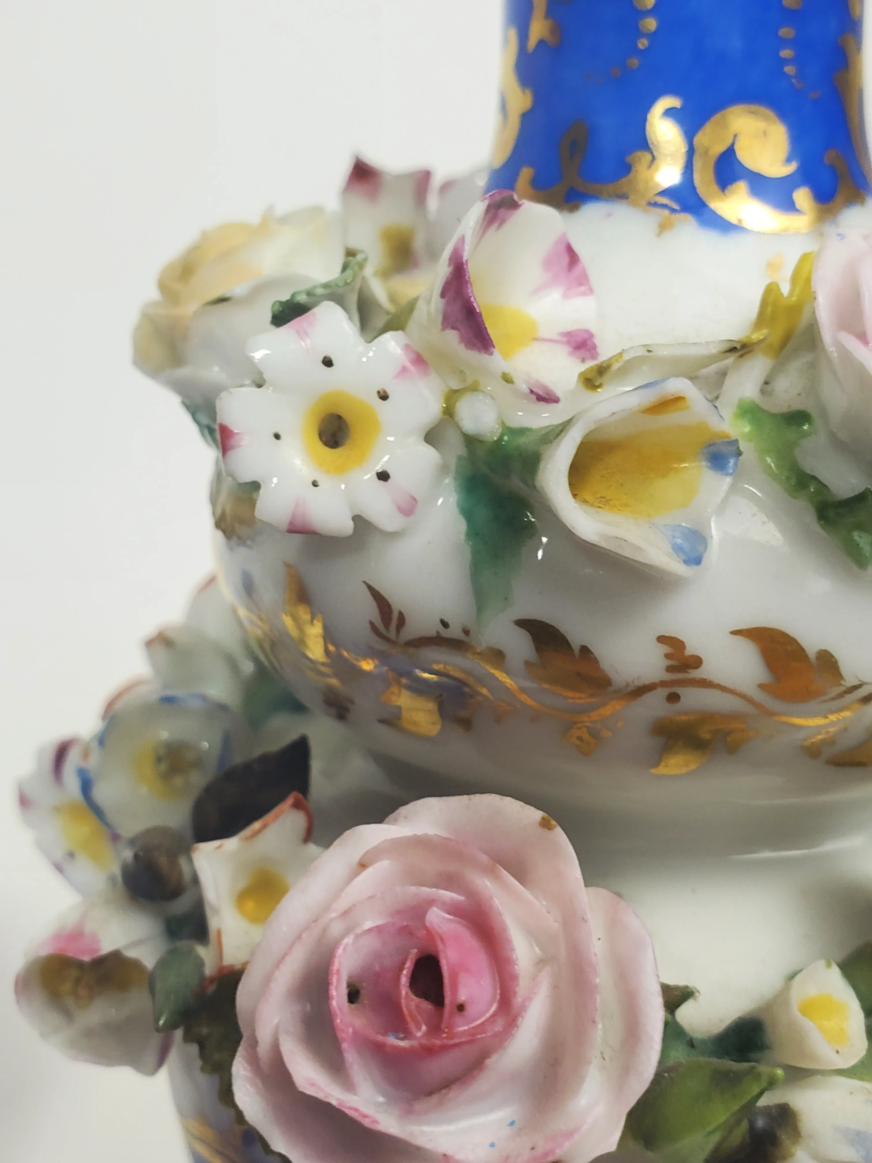 Jacob Petit - Antique Pair of Porcelain Flower Encrusted Scent Bottles With Stoppers
